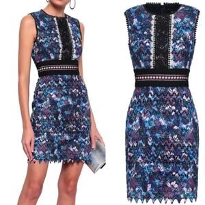 Saloni Trudi Sleeveless Chevron Lace Cocktail Dress in Blue Multicolor Size 6